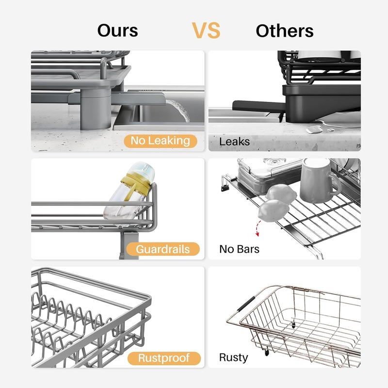 SNTD Dish Drying Rack - Extendable Dish Rack, Large Sink Drying Dish Drainer for Kitchen Counter, Stainless Steel Dish Strainer with Utensil Holder (Grey) - Image 4